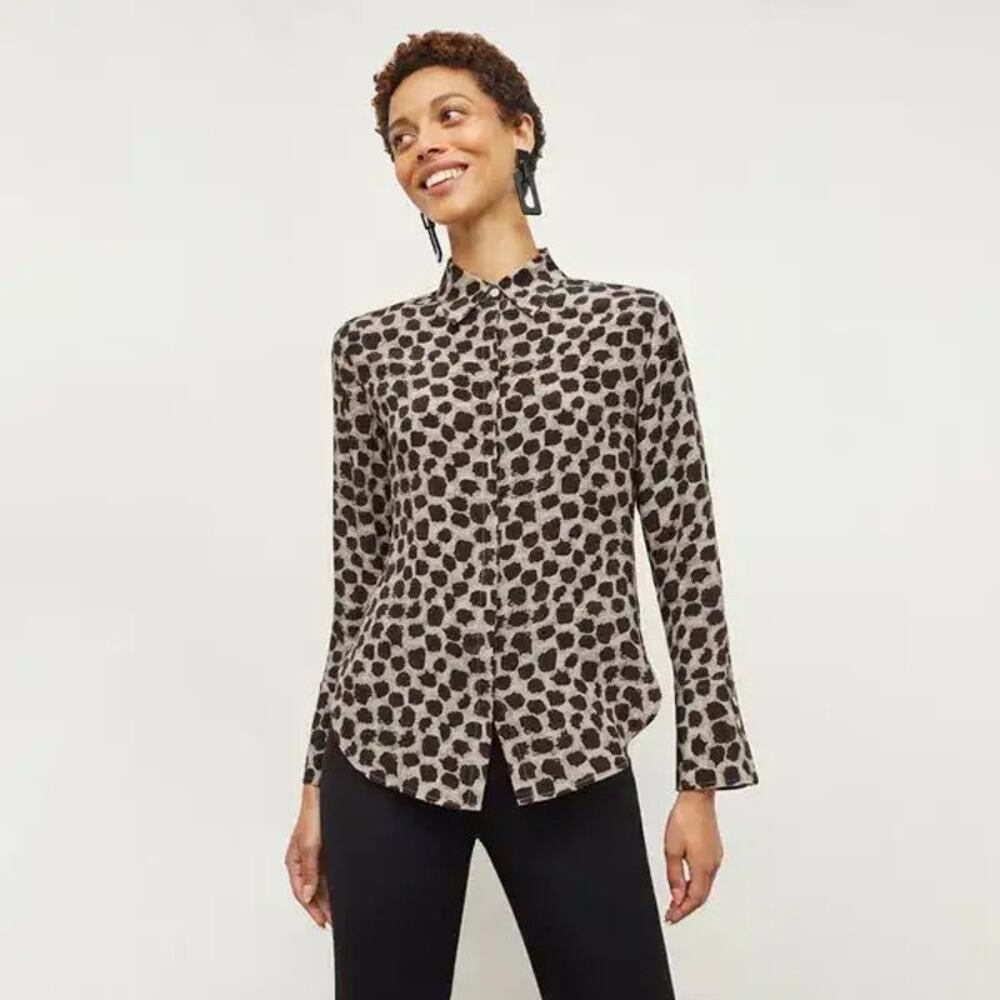M.M. Lafleur The Tatum Washable Silk Sahara Long Sleeve Button Blouse Top Small